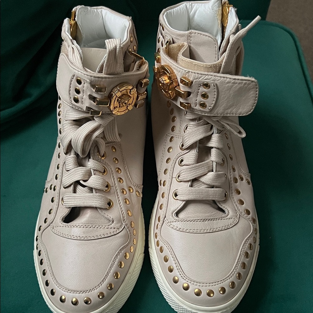 Versace Beige High-Top Sneakers with Gold Studs